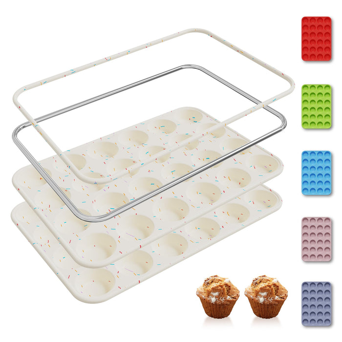 2 Pack 24 Cups Silicone Mini Muffin Pan with Metal Reinforced Frame Silicone Molds Cupcake Cake Baking Cheesecake Pans Cookie Baking Chocoflan Cupcake Mold Mini Bundt Cake Pan Women Gift