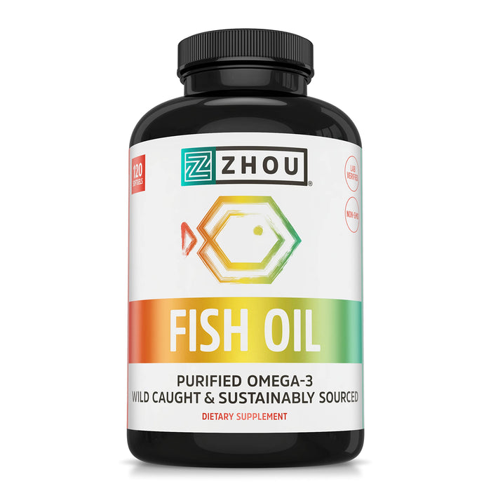 Zhou Nutrition Fish Oil, Max Strength Omega 3 Fish Oil, 1250 mg with EPA and DHA, Purified, Sustainably Sourced Fish Oil, Heart, Joint and Brain Health, Burpless Softgels, 120 Servings