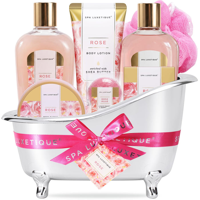 spa luxetique Gift Set for Women, Bath Sets for Women Gift, 8 Pcs Rose Spa Basket Includes Bubble Bath, Shower Gel, Body Lotion, Mom Birthday Gifts, Christmas Gifts for Her