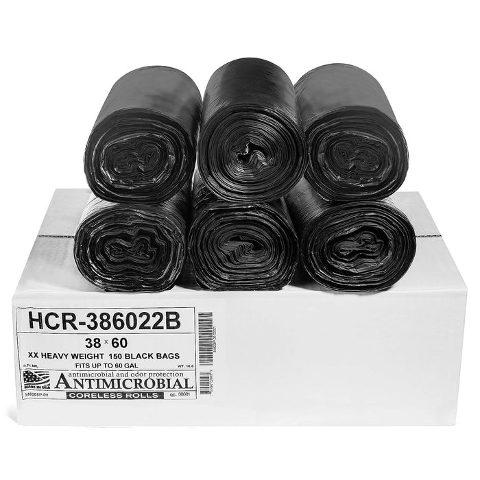 Aluf Plastics High Density Trash Bags, 60 Gallon, 150 Count, 22 Micron (eq), 38" x 60", Black, for Bathroom, Office, Industrial, Commercial, Janitorial, Municipal, Recycling