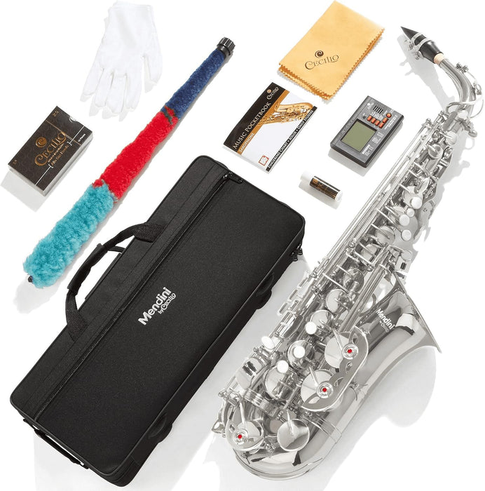 Mendini By Cecilio Alto Saxophone for Beginners, E Flat Alto Saxophone for Musicians with Tuner, Mouthpiece, Case, 10 Reeds, Grease, Cleaning Cloth & Rod, Gloves, Strap, Lesson Book (Silver)