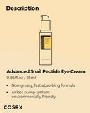 COSRX Snail Peptide Eye Cream with 73.7% Snail Mucin and Niacinamide, Brightening Korean Night Cream for Fine Lines and Dark Circles, Korean Skin Care