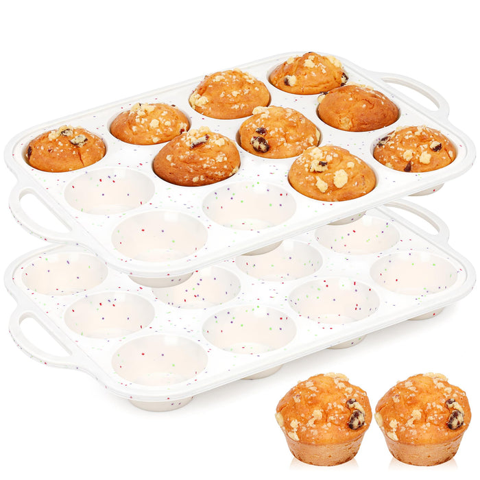 AOTASO 2 Pcs Silicone Muffin Pan for Baking with Metal Frame, Nonstick 12 Cup Regular Size Cupcake Pan, Silicone Muffin Tray for Egg Bites (Cream)