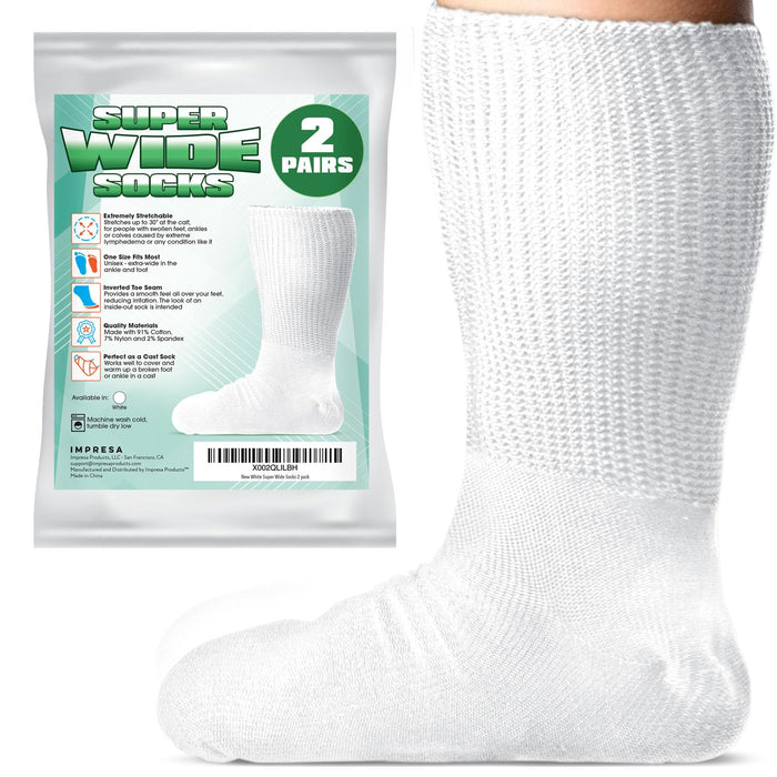 IMPRESA [2 Pairs] One Size Unisex Extra Width Socks in White for Lymphedema - Bariatric Sock - Oversized Sock Stretches up to 30'' Over Calf for Swollen Feet And Mens and Womens Legs