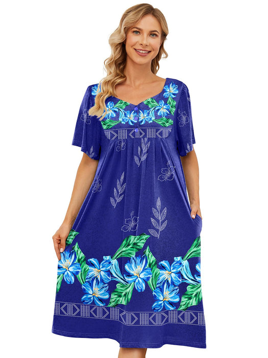 udforsk House Dress for Women Elderly Moomoo Short Sleeve Muumuu Dresses House Coats Grandma Nightgowns Dusters Soft Summer Pajamas Blue Flower XXL