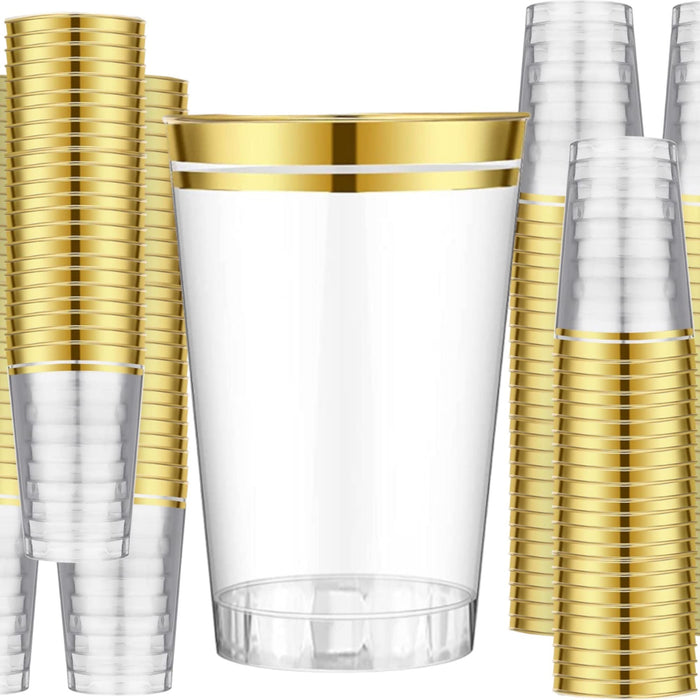 12oz Hard Plastic Party Cups – Perfect for Home, Office, Bars, Weddings, Showers, Birthdays, Anniversaries, and Parties! Durable & Stylish Old Fashioned Tumblers (Gold Rim Twin, 50 Pack)