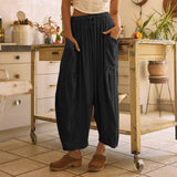 Quinn Pants for Women Plus Size Wide Leg Linen Pants with Pockets Summer Elastic Waist Drawstring Harem Pants High Waisted Baggy Casual Palazzo Pants Boho Flowy Beach Pants Loose Hippie Pants A-Black