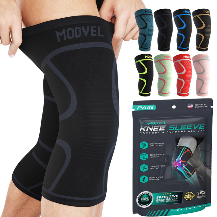 Modvel Knee Braces for Knee Pain Women & Men - 2 Pack Knee Brace for Knee Pain Set, Knee Brace Compression Sleeve, Knee Support for Knee Pain Meniscus Tear, ACL & Arthritis Pain Relief,Black XL