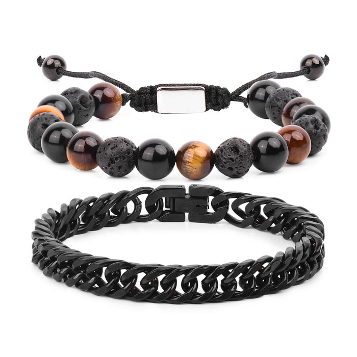 CARITATE Natural Beaded Bracelets for Men Boys - 8mm Tiger Eye Obsidian Lava Beads Mens Bracelet Set for Couples - Christmas Gifts Birthday Gifts Mens Jewelry for Boyfriend Husband Him