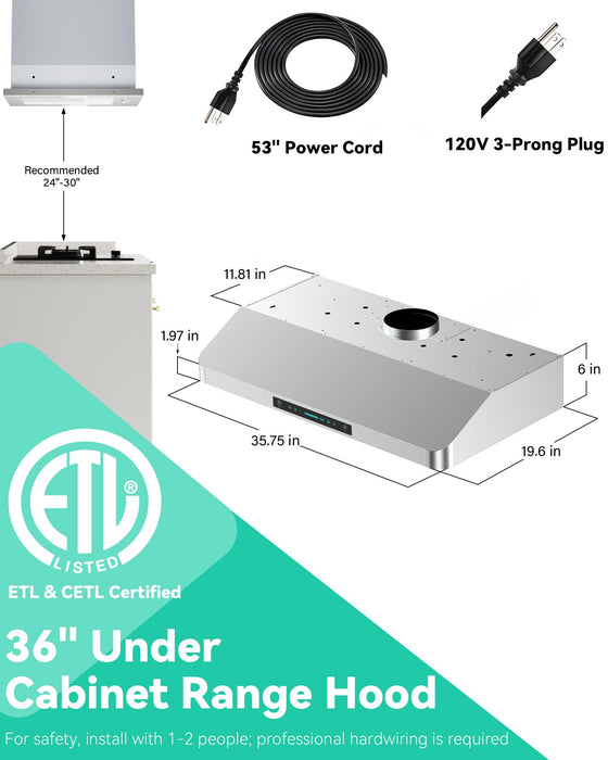 FlyPine 36 inch Stainless Steel Under Cabinet Range Hood - 900 CFM, Gesture Control, Ultra-Quiet 4-Speed Vent, LED Lights, External Venting