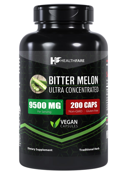 Healthfare Organic Bitter Melon Extract 9500mg | 200 Capsules | Ultra Concentrated | Digestive Health Support | Extra Strength