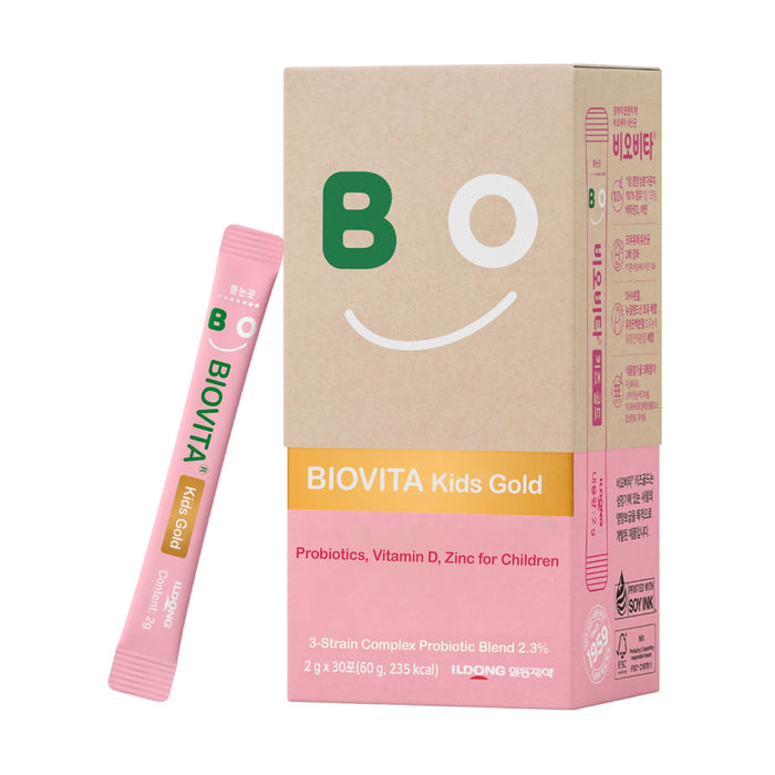 BIOVITA Kids Probiotics Powder (30 Sticks, 30 Days) - Support Healthy Immune & Digestive System, Strawberry Milk Flavor for Children 3-12. Bifidobacteria, Vitamin D, Zinc. Mouth-Dissolving Formula.