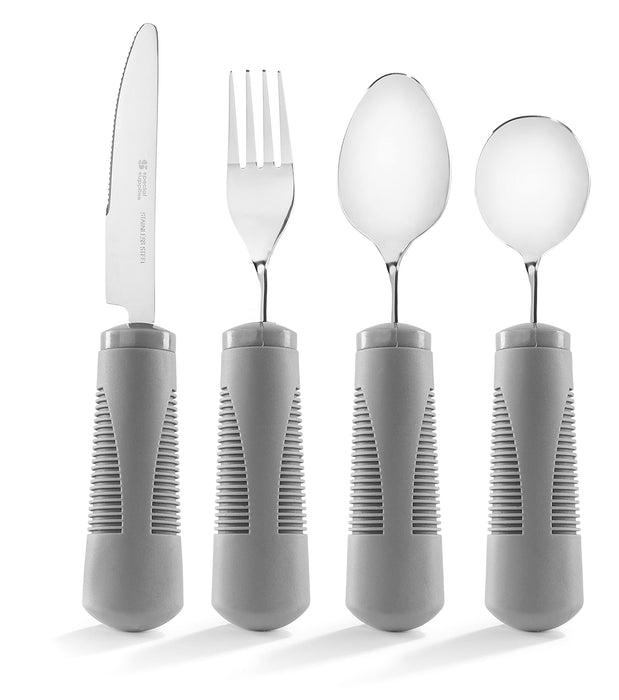 Special Supplies Adaptive Utensils (4-Piece Kitchen Set) Weighted, Non-Slip Handles for Hand Tremors, Arthritis, Parkinson’s Elderly use - Stainless Steel Knife, Fork, Spoons (Grey)