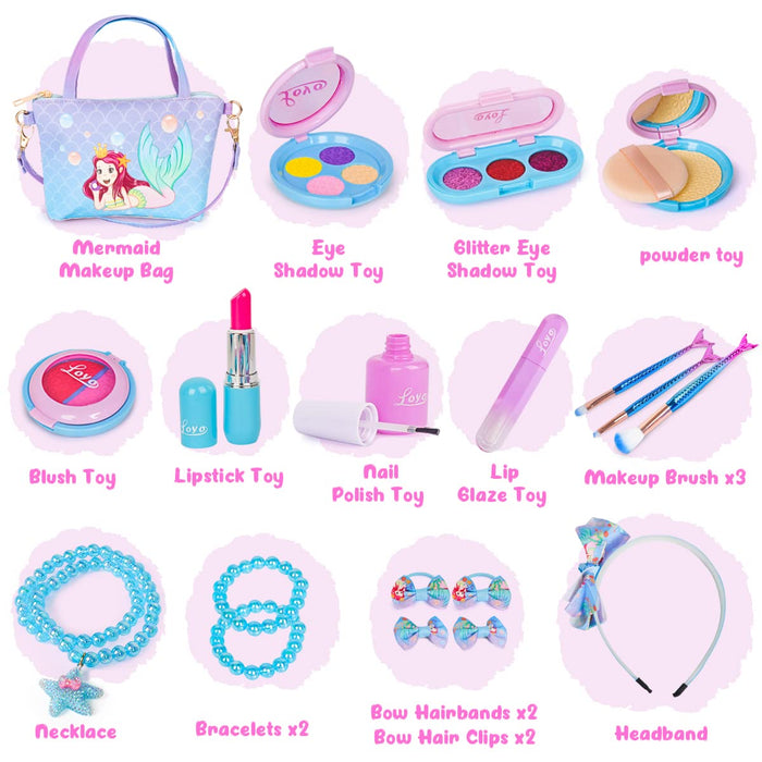 Loyo Pretend Makeup for Toddlers - Pretend Play Makeup for Little Girls with Mermaid Purse, Fake Makeup Toys Set for Toddler Girls Age 3 4 5 6 Christmas Birthday Gift