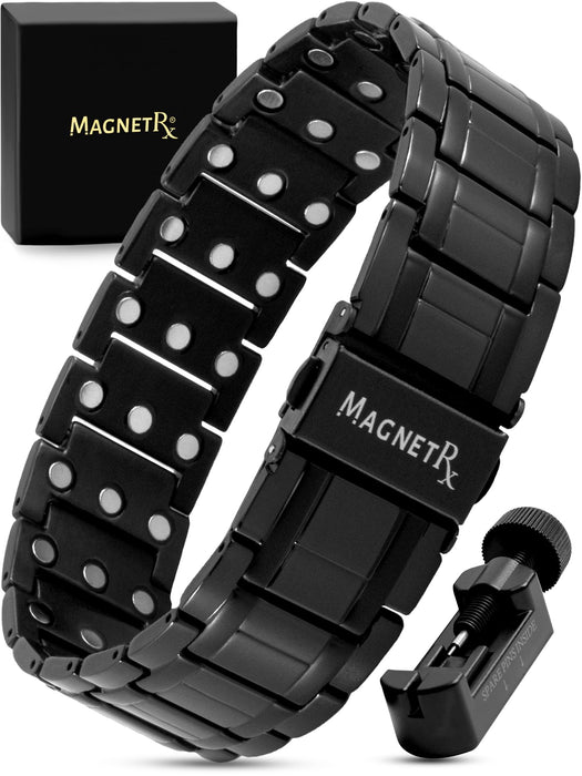 MagnetRX® 3X Strength Magnetic Bracelets for Men – Effective Titanium Mens Magnetic Bracelet – Premium Fold-Over Clasp & Adjustable Length with Sizing Tool & Gift Box (Black)