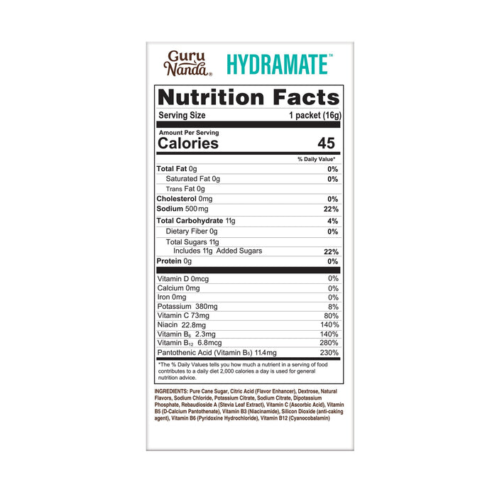 GuruNanda Hydramate Hydration Support Drink Mix - Electrolyte Powder Packets for Dehydration, Exercise & Energy - No Added Sweeteners, Non-GMO, Natural Lemon Lime Flavor - 48 Count (0.56 oz each)