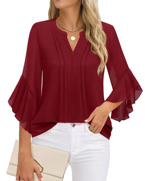 Timeson Fall Blouses for Women 2024: Business Casual - Women Work Tops - Womens Dress Shirts Fashion V Neck Ladies Office Top Fall Professional Attire Wrinkle Free Chiffon Tunics Christmas Wear Red XL