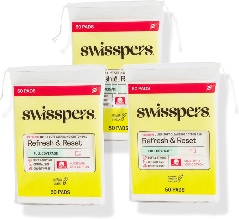 Swisspers Premium Ultra Soft Cleansing Pads – 50 Count (Pack of 3) – Large Rectangular Pads for Gentle and Versatile Skincare – 100% Lint-Free Cotton