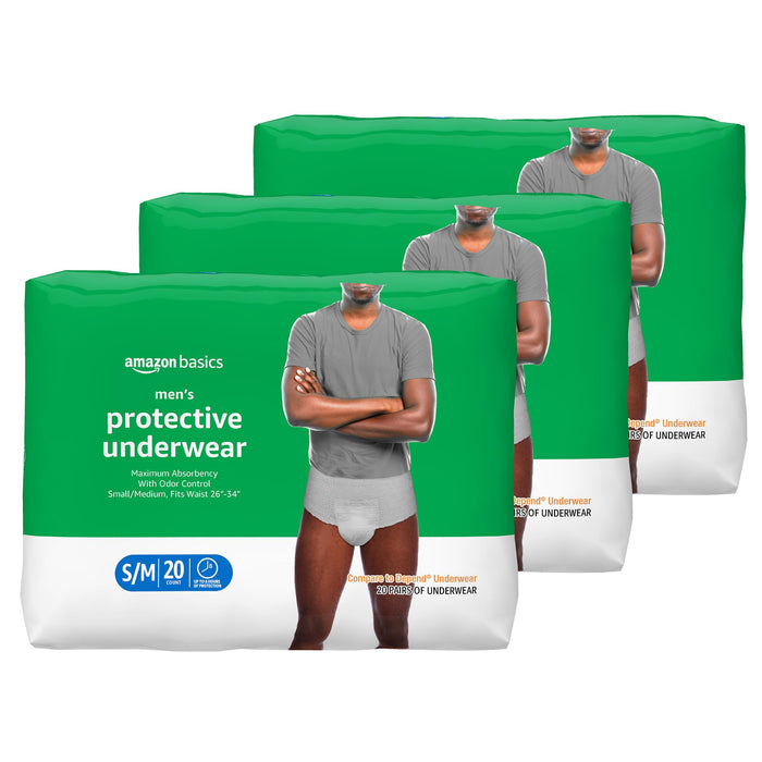 Amazon Basics Men's Protective Underwear, Maximum Absorbency, Small/Medium, 60 Count, (3 Packs of 20)