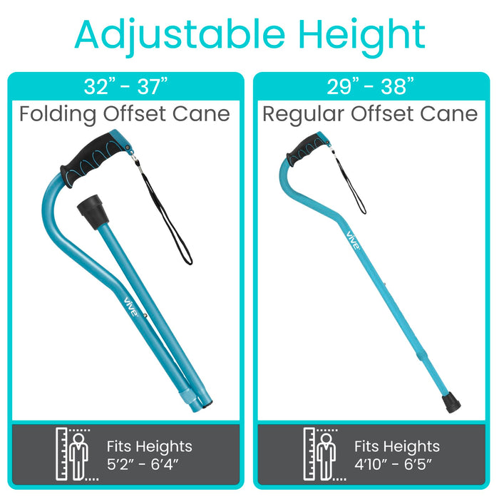 Vive Walking Cane for Women, Men, Elderly - Patented Offset Grip - Lightweight Adjustable Walking Aid with a Non-Slip Tip - Sturdy Balancing Mobility Aid for Seniors (Folding Offset Cane)