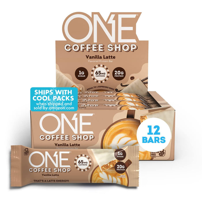 ONE Coffee Shop Caffeinated Protein Bars, Vanilla Latte, Gluten Free with 20g Protein and 65mg of Caffeine Energy, Pantry Staples, 2.12 oz (12 Count)