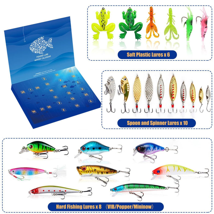 Fishing Tackle Advent Calendar 2024, 24 Days Christmas Fishing Set Fishing Lure Advent Calendar for Adult Men Teen Boys Father Boyfriend Granpa, 2025 Xmas Surprise Gift for Fishing Lover