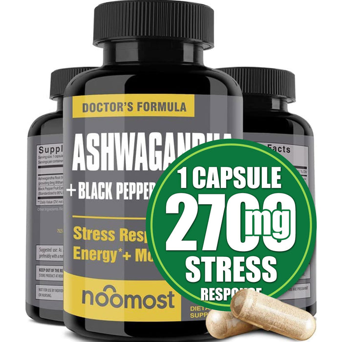 NooMost Organic Ashwagandha Capsules 2700mg w/Black Pepper Extract 20mg as Vegan Ashwagandha Supplements for Anti Stress Relief, Natural Mood Support, Energy & Focus, 2 Months