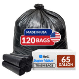 Reli. SuperValue 65 Gallon Trash Bags | 120 Count | Made in USA | Heavy Duty | Bulk | Black Multi-Use Garbage Bags