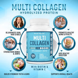 Premium Multi Collagen Peptides (Types I, II, II, V, X) - Collagen Pills for Skin Care, Hair Growth, Nails & Joints - Vitamin C, Hyaluronic Acid, Biotin, Gluten Free - 120 Collagen Capsules