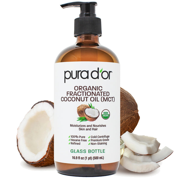 PURA D'OR ORGANIC Fractionated Coconut Oil MCT Oil (16.9 Oz GLASS BOTTLE) 100% Pure & Natural USDA Certified Cold Pressed - Unscented, Hexane Free Moisturizer For Face, Skin & Hair Tonic - Men & Women