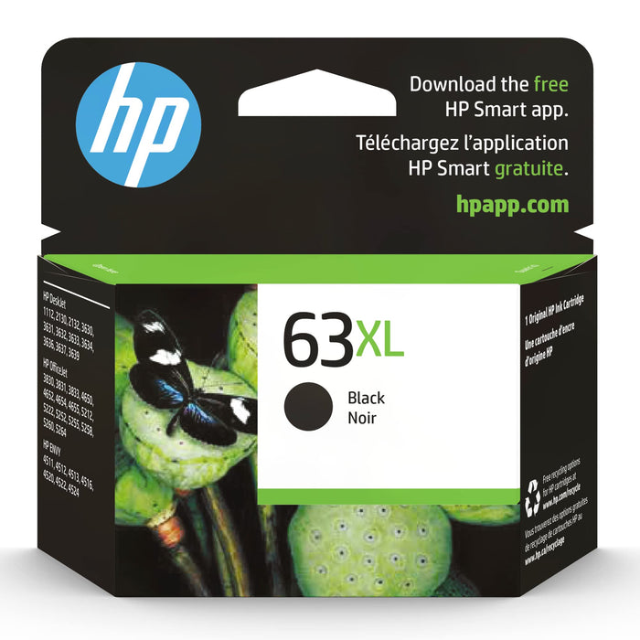 HP 63XL Black High-yield Ink Cartridge | Works with HP DeskJet 1112, 2130, 3630 Series; HP ENVY 4510, 4520 Series; HP OfficeJet 3830, 4650, 5200 Series | Eligible for Instant Ink | F6U64AN