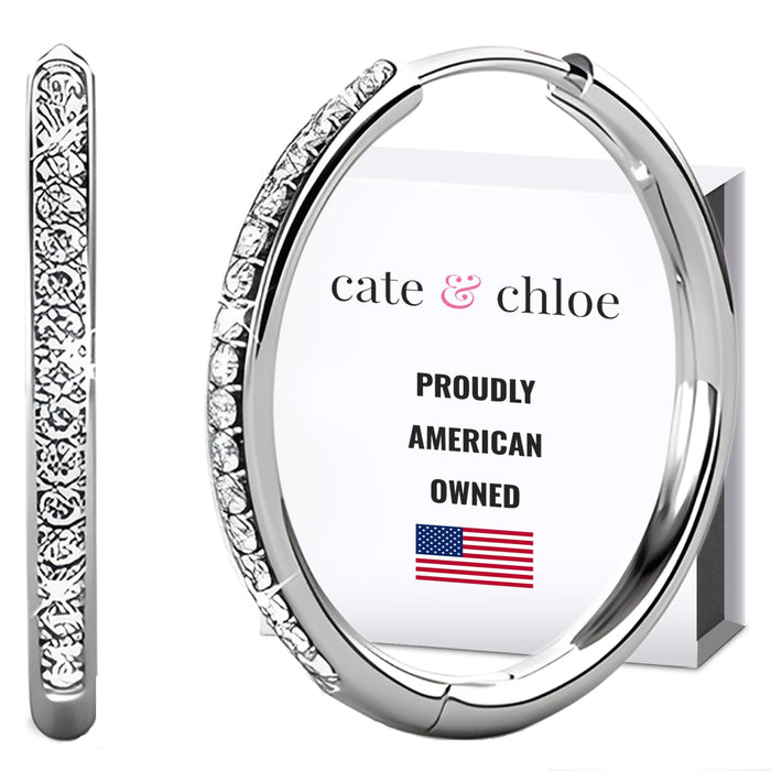 Cate & Chloe Bianca 18K White Gold-Plated Hoop Earrings | Elegant Jewelry for Women with Round Cut Simulated Diamond Crystals | 25mm Silver Hoops Holiday Gift for Her on Christmas, Birthday