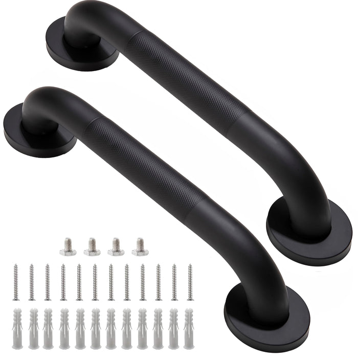 Rackickyer Shower Grab Bar, 2 Pack 12 Inch Black Bathroom Grab Bar, 1.25" Diameter 304 Stainless Steel Anti-Slip Grab Bars for Bathtubs and Showers, Handicap Shower Grab Bar for Seniors Elderly