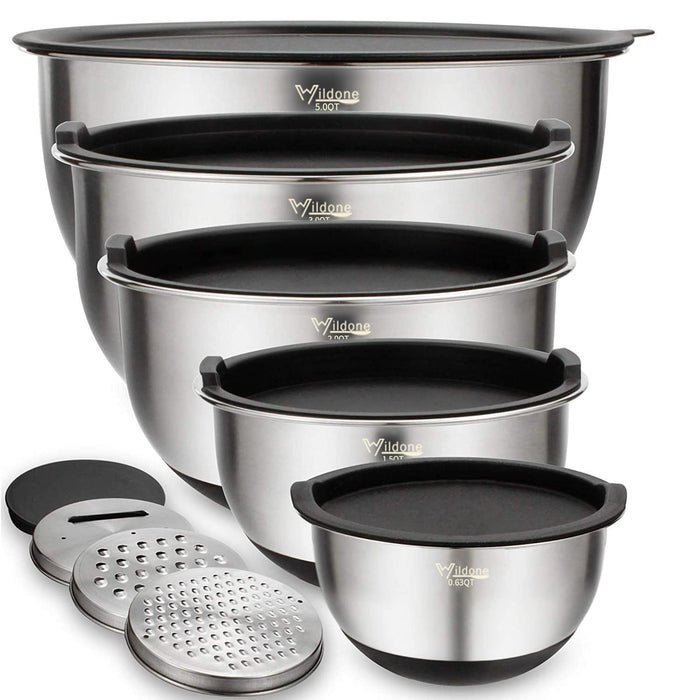 Wildone Mixing Bowls with Airtight Lids Set, 5PCS Stainless Steel Nesting Bowls for Kitchen, with Grater Attachments & Non-Slip Bottoms, Size 5, 3, 2, 1.5, 0.63 QT, Great for Mixing & Serving
