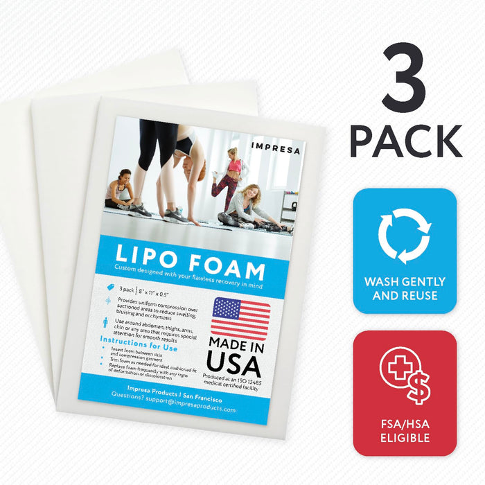 IMPRESA White Liposuction Foam Pads - 3 Pack - Aftercare for Liposuction, Tummy Tuck Surgery, and C-Sections - Great to Use with Post Surgery Compression Garments or Medical Corset (8 x 11 x 0.5 in)