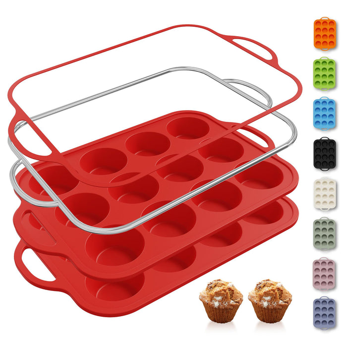2 Packs 12 Cups Silicone Muffin Pan for Baking with Metal Reinforced Frame Regular Size Cupcake Pan Tray Egg Bites Silicone Cookie Molds Muffin Tin Tart Pans Sheet Set for Oven Dishwasher Safe
