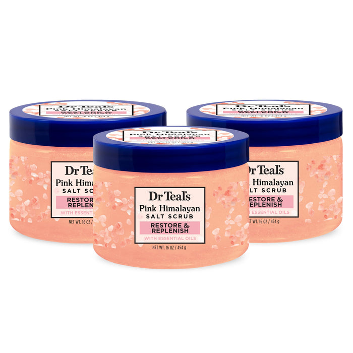 Dr Teal's Pink Himalayan Salt Body Scrub, Restore & Replenish with Pure Epsom Salt & Essential Oils, 16 oz (Pack of 3) (Packaging May Vary)
