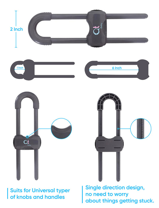 QT BABY Baby Proofing Cabinet Locks | Adjustable U Shaped Baby Safety Latches for Drawers, Fridge, Closet |Modern Baby Proofing Cabinet Lock with Extra Secure Lock Buttons (Pack of 8)