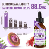 Saffron Supplements - 88.5 mg Saffron Extract Better Bioavailability Liposomal Drops for Mood, Energy, Vision & Focus with Ashwagandha, Turmeric, Magnesium, Zinc, Vitamin B12 & D3, 60 ml, 30 Servings