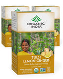 Organic India Tulsi Lemon Ginger Herbal Tea - Stress Relieving & Reviving, Immune Support, Aids Digestion, Vegan, USDA Certified Organic, Non-GMO, Caffeine-Free - 18 Infusion Bags, 3 Pack