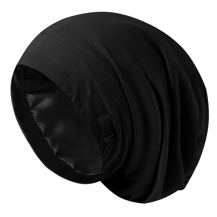 Silky Satin Lined Bonnet Sleep Cap Adjustable Strap Hair Wrap Slouchy Beanie Hat for Curly Hair Braids Night Caps for Women 2PCS(Black&Pink)