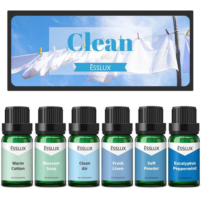 Fragrance Oil, ESSLUX Clean Set of Scented Oils, Essential Oils for Diffuser for Home, Premium Soap & Candle Making Scents, Aromatherapy Oils Gift Set - Clean Air, Fresh Linen, Warm Cotton and More