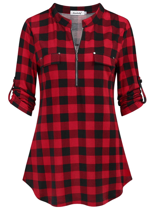 Ninedaily Plaid Shirts for Women,Gingham Tartan Blouses Long Sleeve Checkered Shirt Red Plaid Tops Winter Christmas T-Shirts Outfits Fashion Tops Style Mandarin Collar Ladies Blouse Gifts 2024, S