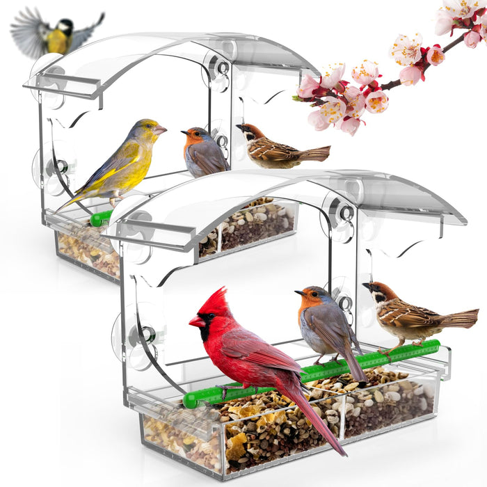 2 Pack Window Bird Feeder with Strong Suction Cups Durable and Sturdy Large Acrylic Clear Bird Feeder for Window Viewing, Bird House for Outdoors Window Viewing, Bird Watching Gifts for Elderly Kids