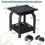 2-Tier Bamboo Shower Bench for Inside Shower Shaving Legs, 16 Inch Waterproof Bathroom Bench Shower Stool with Storage Shelf, Safe & Stable for Seniors Adults Disabled Women (Black)