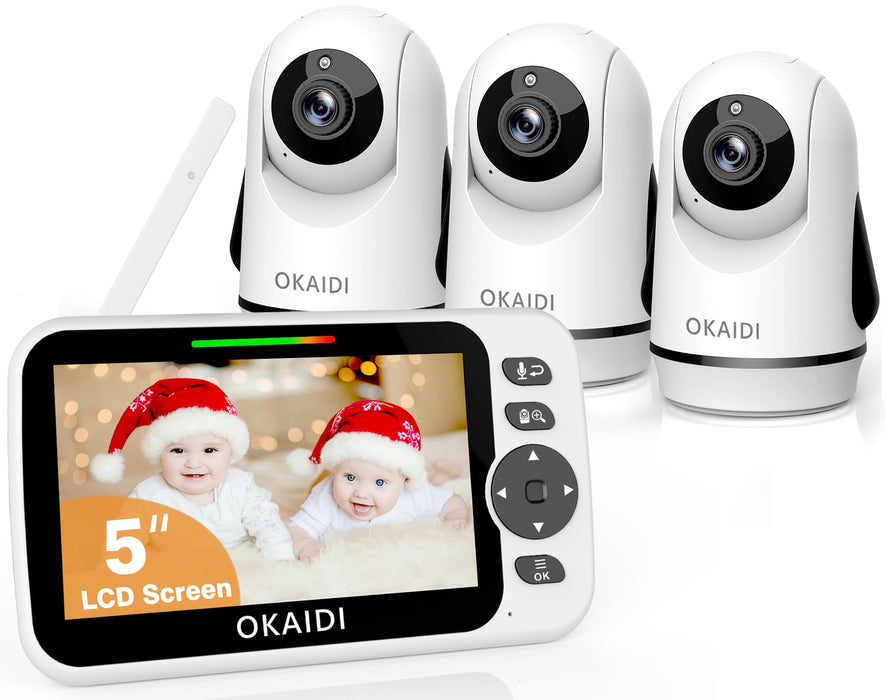 OKAIDI Video Baby Monitor with 3 Cameras, 5" Display Baby Monitor No WiFi, 30H Battery and 1000ft Range, Remote Pan-Tilt-Zoom Baby Camera, 2-Way Talk, 8 Lullabies, Baby Monitor for Baby Pet Elderly