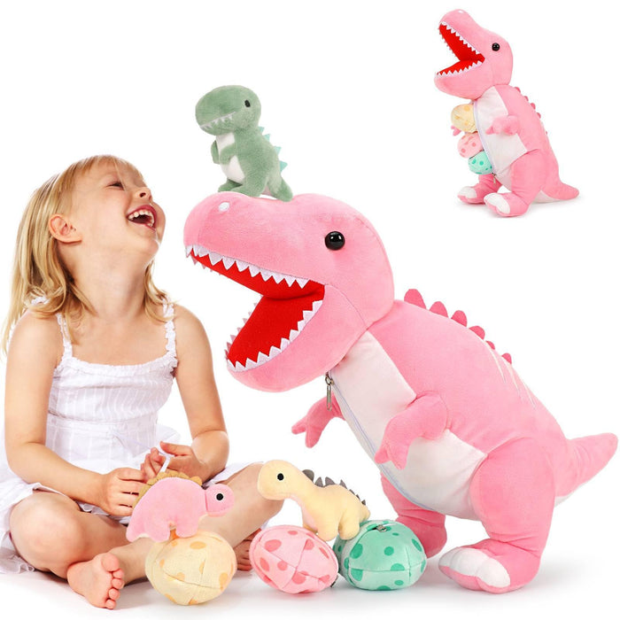 MorisMos Dinosaur Stuffed Animal with Babies, Eggs, Pink, Girl Dinosaur Toy