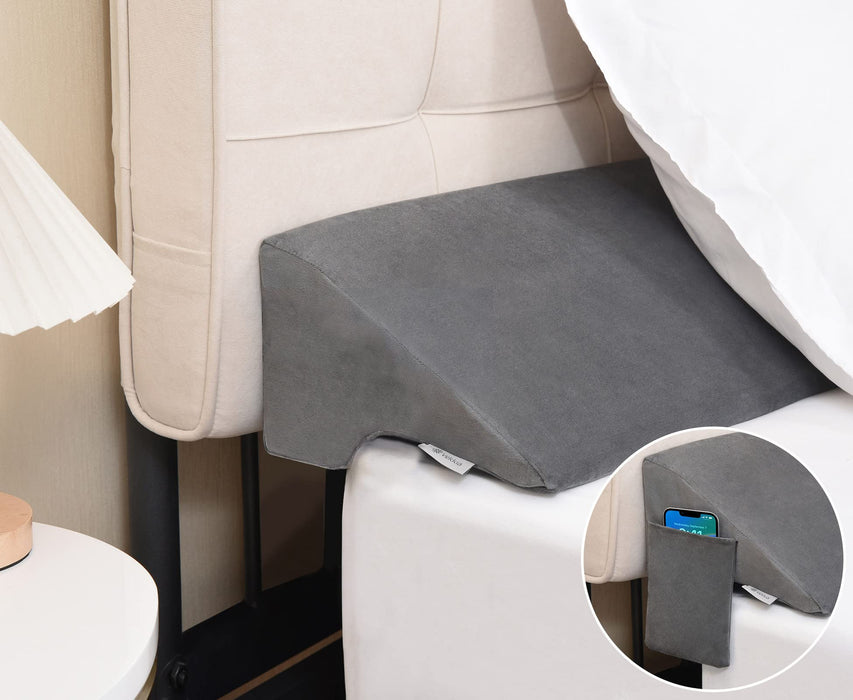 Vekkia Queen Bed Wedge Pillow for Headboard Gap Filler(0-5"),High-Density Foam,Prevents Pillows & Items from Falling,Ergonomic Design,Large Storage Pockets, Removable&Washable Cover,Gray,60''x10 x6