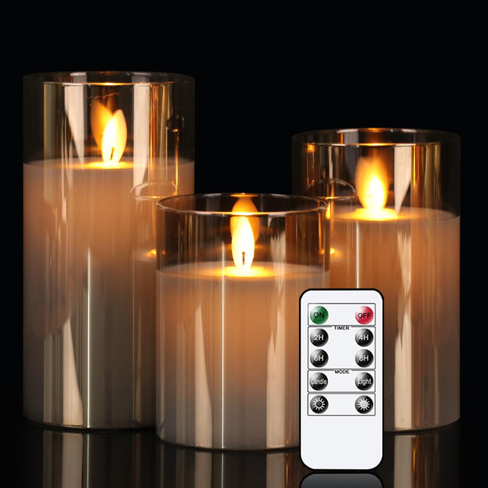 GenSwin LED Flameless Flickering Battery Operated Candles with 10-Key Remote Control, Real Wax Moving Wick Pillar Glass Candles for Festival Wedding Christmas Home Party Decor(Pack of 3, Gray)