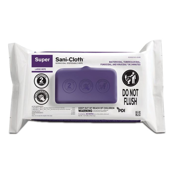 Nice-Pak A22480 Super Sani-cloth Germicidal Disposable Wipes, Large, 8.2 X 9.8, Unscented, White, 80/pack